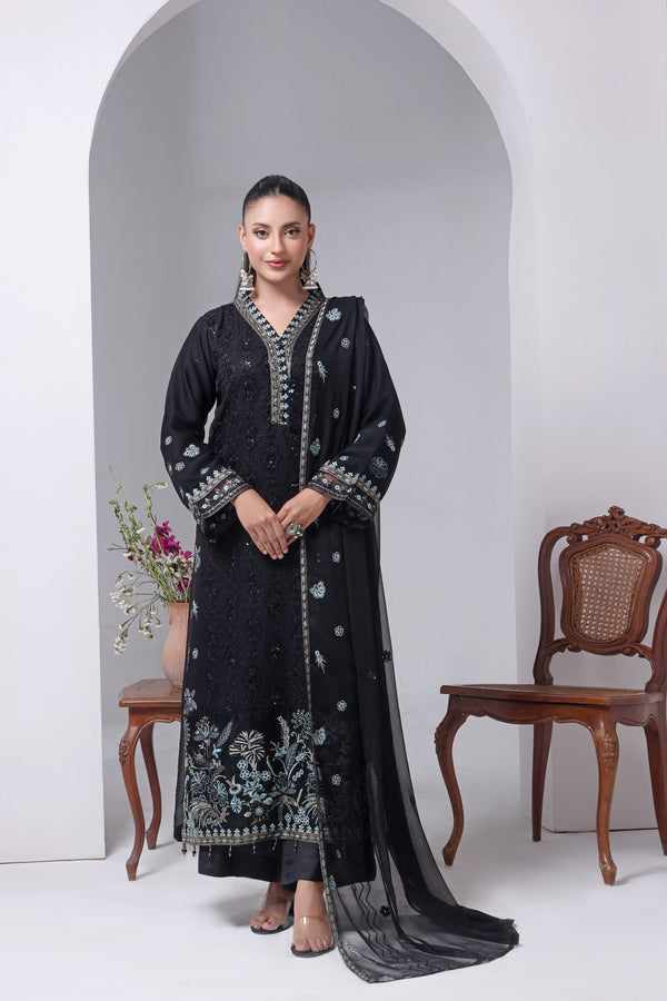 MALAIKA - Semi-Stitched Embroidered Chiffon (Midnight Noir)