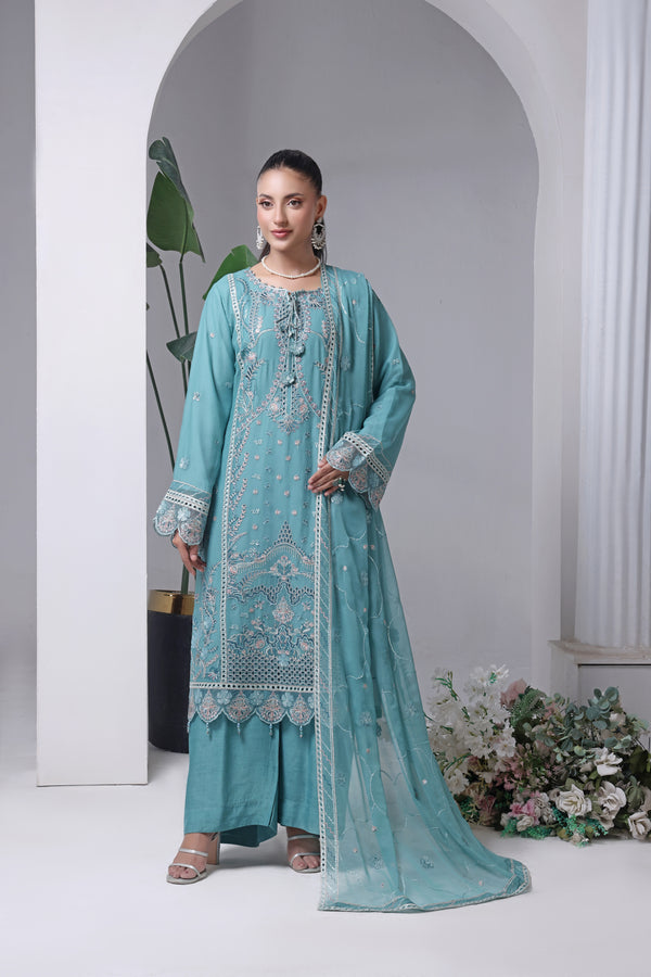 MALAIKA - Semi-Stitched Embroidered Chiffon (Aqua Teal)