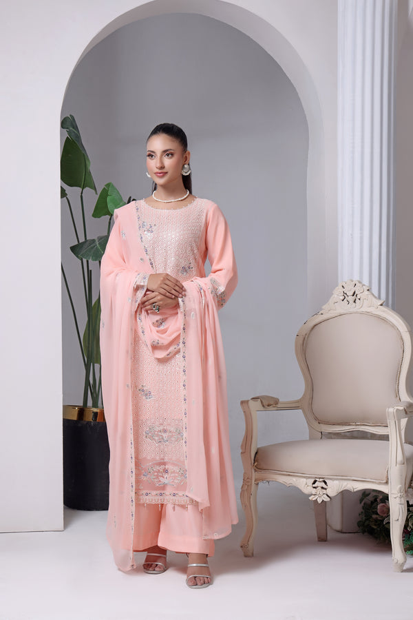 MALAIKA - Semi-Stitched Embroidered Chiffon (Peach Bloom)