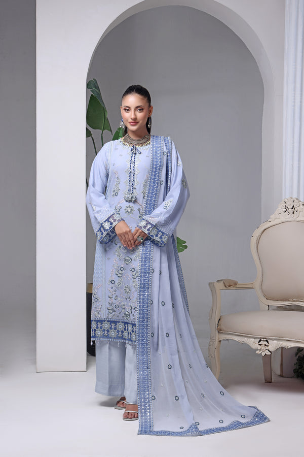 MALAIKA - Semi-Stitched Embroidered Chiffon (Periwinkle Mist)