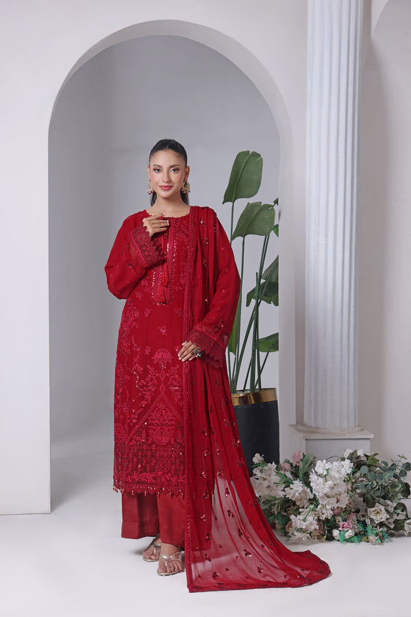 MALAIKA - Semi-Stitched Embroidered Chiffon (Ruby Rouge)