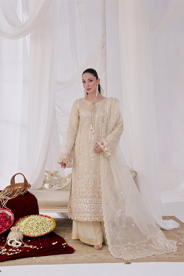 JHOOMAR - Unstitched 3-Piece Luxury Embroidered Shesha Silk Organza (Beige)