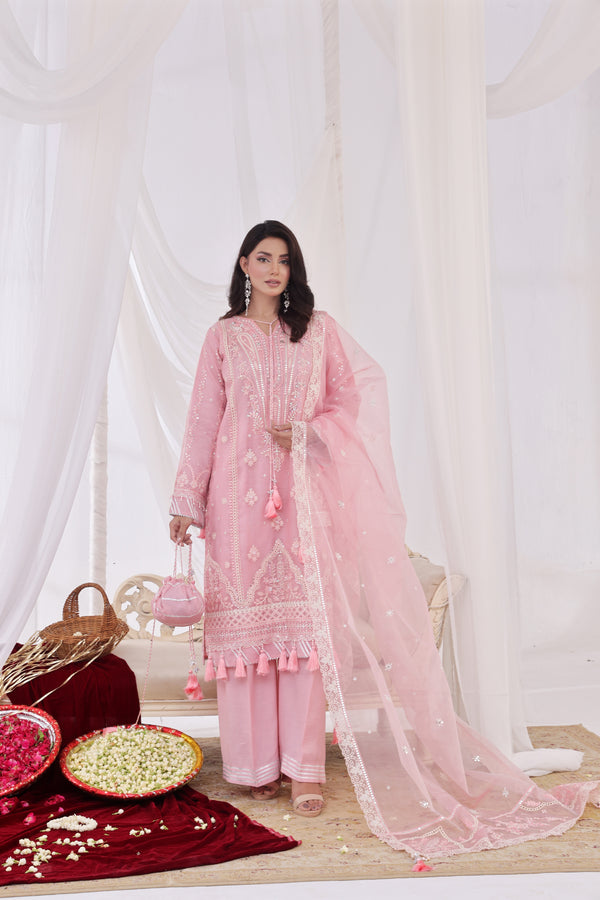 JHOOMAR – Unstitched 3-Piece Luxury Embroidered Shesha Silk Organza (Pink)