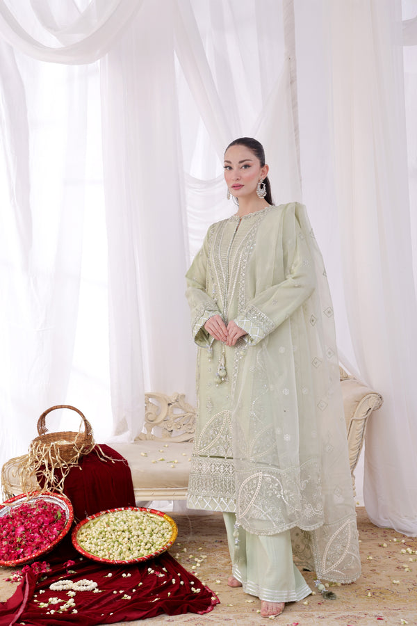JHOOMAR – Unstitched 3-Piece Luxury Embroidered Shesha Silk Organza (Light Green)