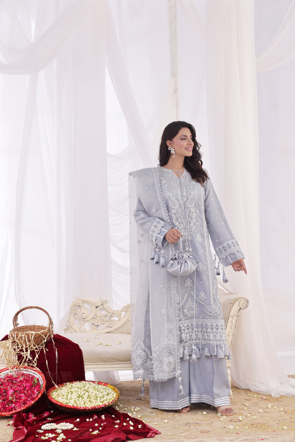 JHOOMAR – Unstitched 3-Piece Luxury Embroidered Shesha Silk Organza (Light Gray)