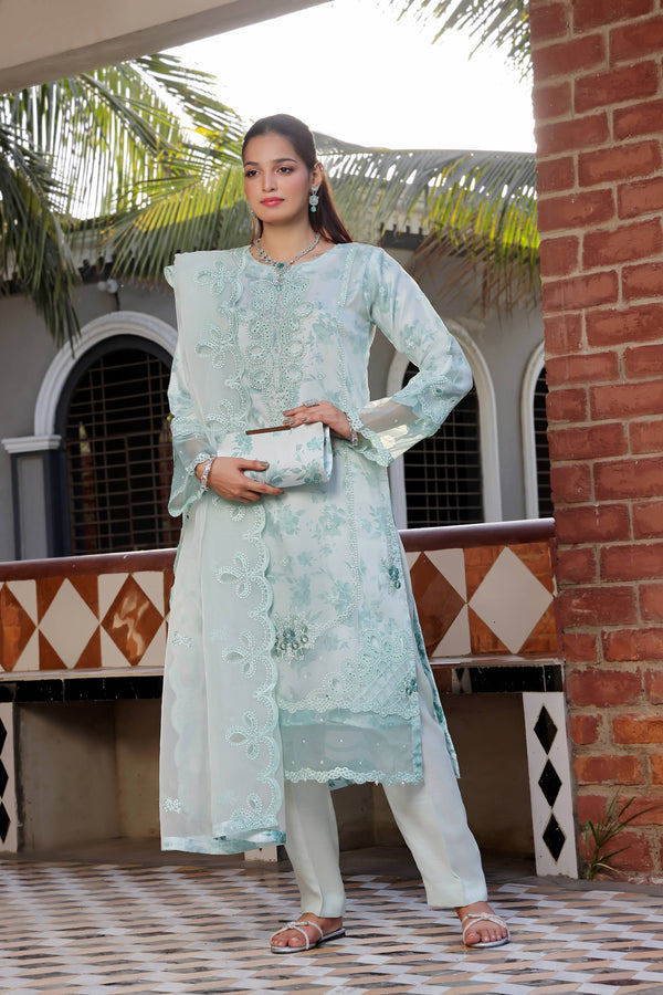 Semi-Stitched 3-Piece Luxury Embroidered Organza Collection with Designer Clutch