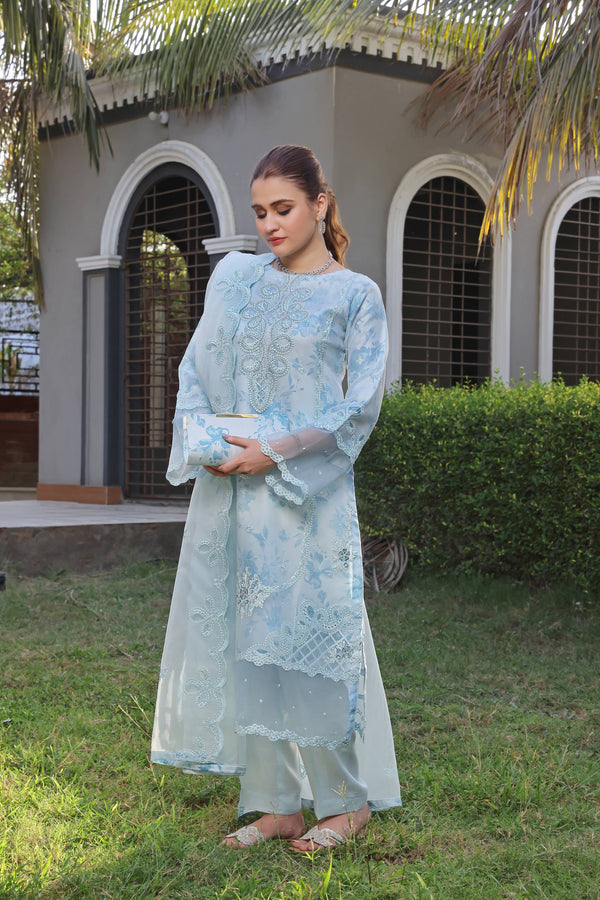Semi-Stitched 3-Piece Luxury Embroidered Organza Collection with Designer Clutch