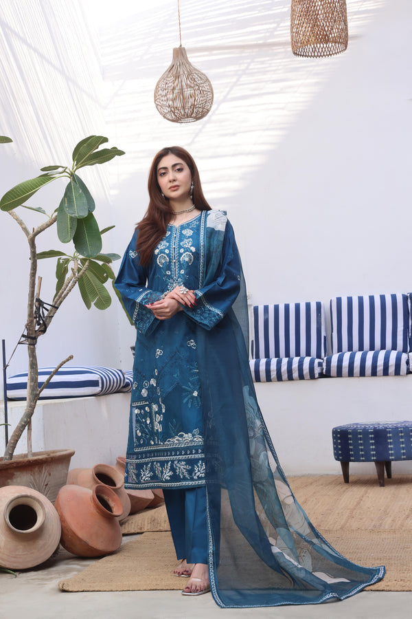 BELLA - Semi-Stitched 3-Piece Premium Embroidered Chikan-Kari & Laser-Kari Jacquard Lawn Collection