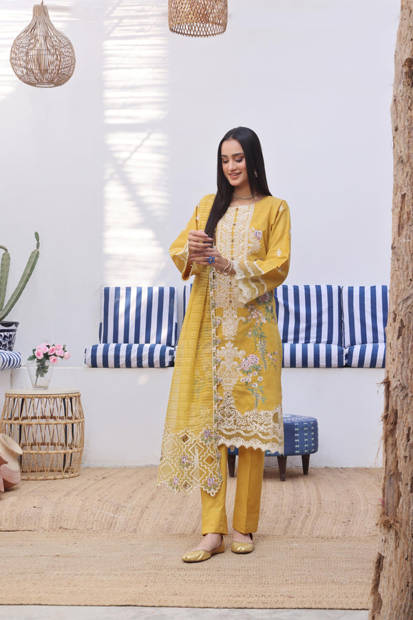 BELLA - Semi-Stitched 3-Piece Premium Embroidered Chikan-Kari & Laser-Kari Jacquard Lawn Collection
