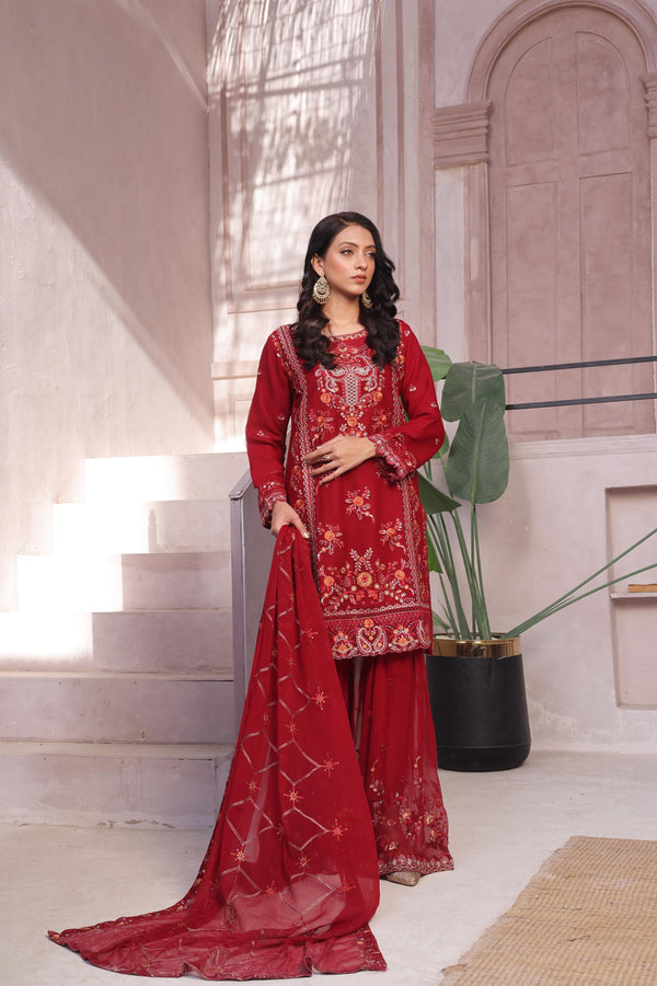 Launching New Stitched 3 Piece Embroidered Luxury Chiffon Gharara Collection