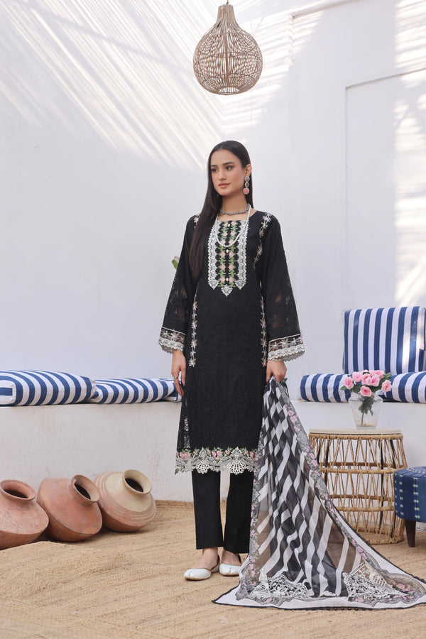 BELLA - Semi-Stitched 3-Piece Premium Embroidered Chikan-Kari & Laser-Kari Jacquard Lawn Collection