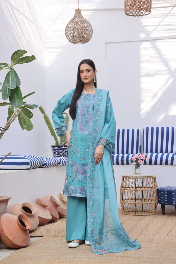 BELLA - Semi-Stitched 3-Piece Premium Embroidered Chikan-Kari & Laser-Kari Jacquard Lawn Collection