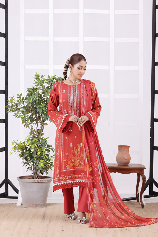 HAYAT Unstitched 3-Piece Premium Heavy Chikankari Embroidered Bana Dora Staple Digital Printed
