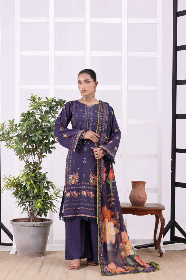 HAYAT Unstitched 3-Piece Premium Heavy Chikankari Embroidered Bana Dora Staple Digital Printed
