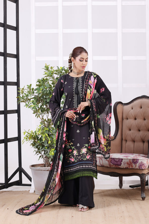 HAYAT Unstitched 3-Piece Premium Heavy Chikankari Embroidered Bana Dora Staple Digital Printed