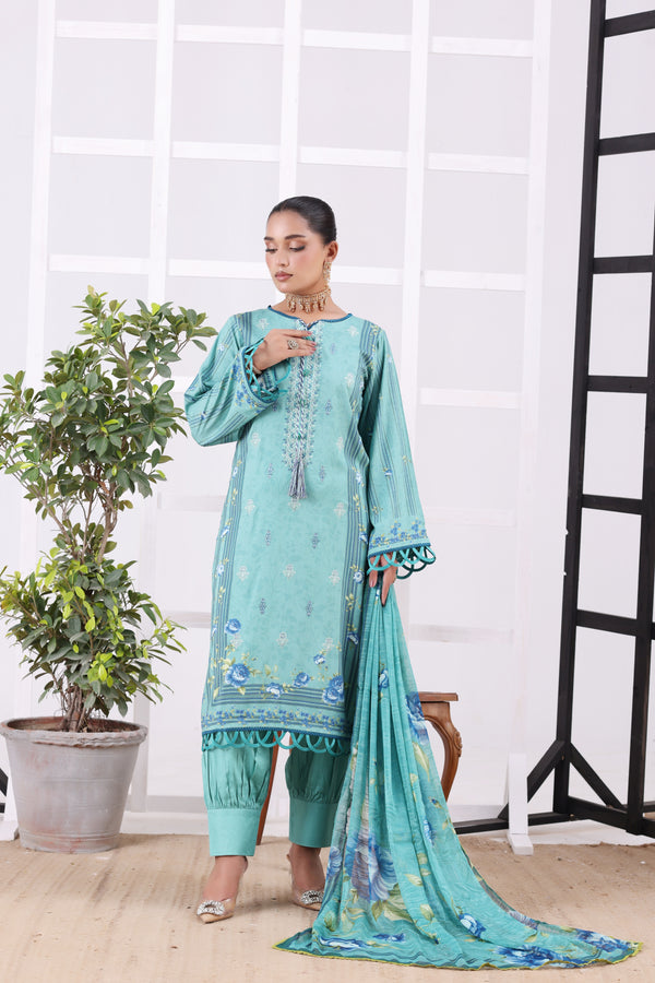 HAYAT Unstitched 3-Piece Premium Heavy Chikankari Embroidered Bana Dora Staple Digital Printed