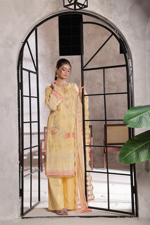 SALINA – Embroidered Sophistication Reimagined | Unstitched Chiken-Kari & Cutwork Bana Dora Lawn with Diamond Digital Dupatta & Dyed Cambric Trousers