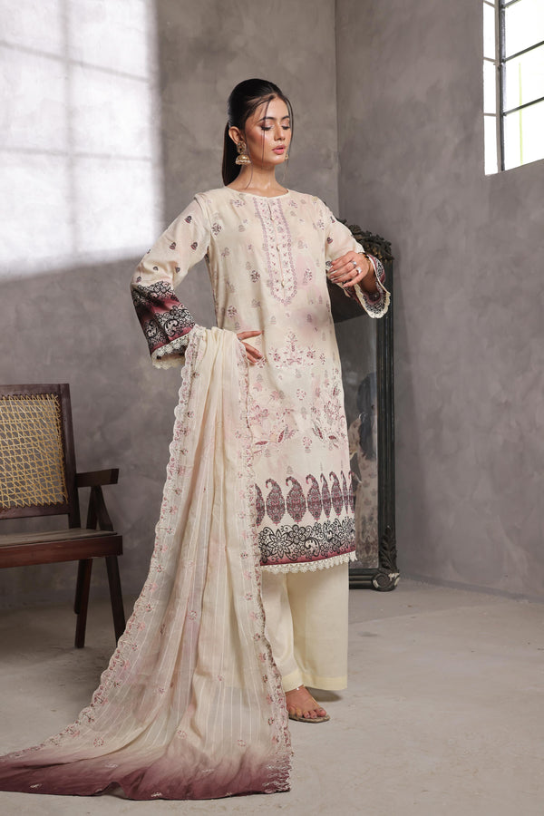 SALINA – Embroidered Sophistication Reimagined | Unstitched Chiken-Kari & Cutwork Bana Dora Lawn with Diamond Digital Dupatta & Dyed Cambric Trousers