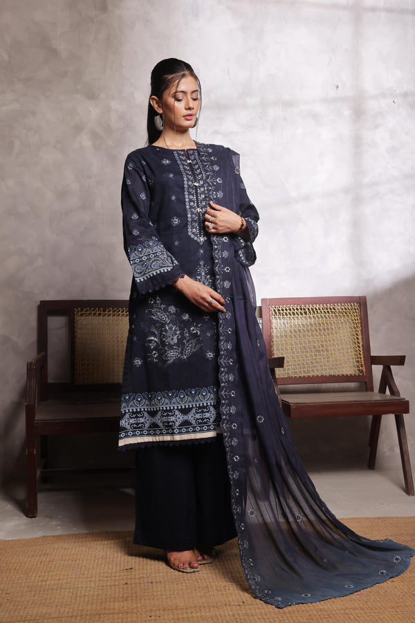 SALINA – Embroidered Sophistication Reimagined | Unstitched Chiken-Kari & Cutwork Bana Dora Lawn with Diamond Digital Dupatta & Dyed Cambric Trousers