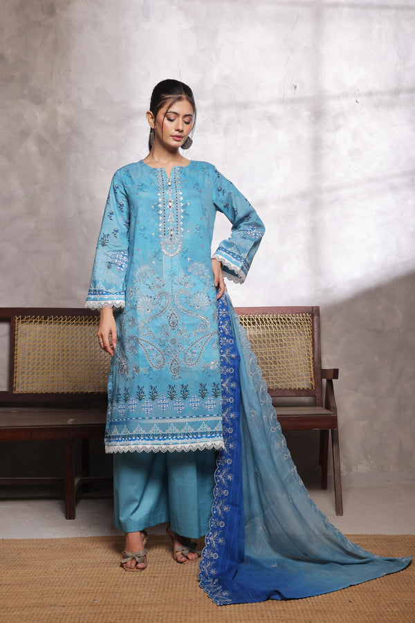 SALINA – Embroidered Sophistication Reimagined | Unstitched Chiken-Kari & Cutwork Bana Dora Lawn with Diamond Digital Dupatta & Dyed Cambric Trousers