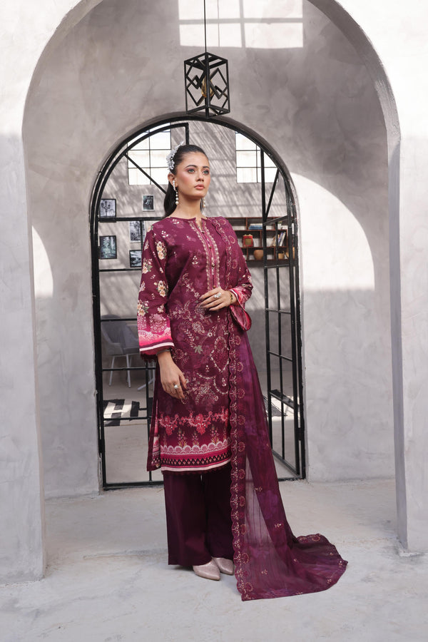SALINA – Embroidered Sophistication Reimagined | Unstitched Chiken-Kari & Cutwork Bana Dora Lawn with Diamond Digital Dupatta & Dyed Cambric Trousers