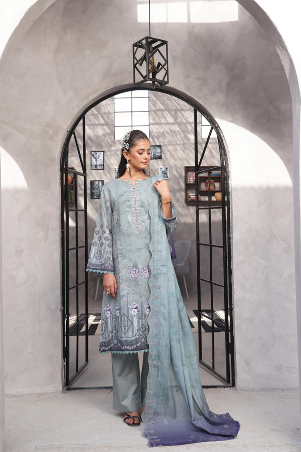 SALINA – Embroidered Sophistication Reimagined | Unstitched Chiken-Kari & Cutwork Bana Dora Lawn with Diamond Digital Dupatta & Dyed Cambric Trousers