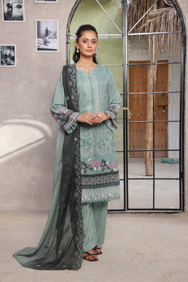 SALINA – Embroidered Sophistication Reimagined | Unstitched Chiken-Kari & Cutwork Bana Dora Lawn with Diamond Digital Dupatta & Dyed Cambric Trousers