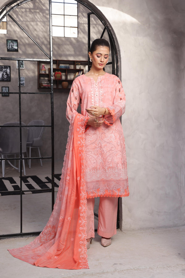 SALINA – Embroidered Sophistication Reimagined | Unstitched Chiken-Kari & Cutwork Bana Dora Lawn with Diamond Digital Dupatta & Dyed Cambric Trousers