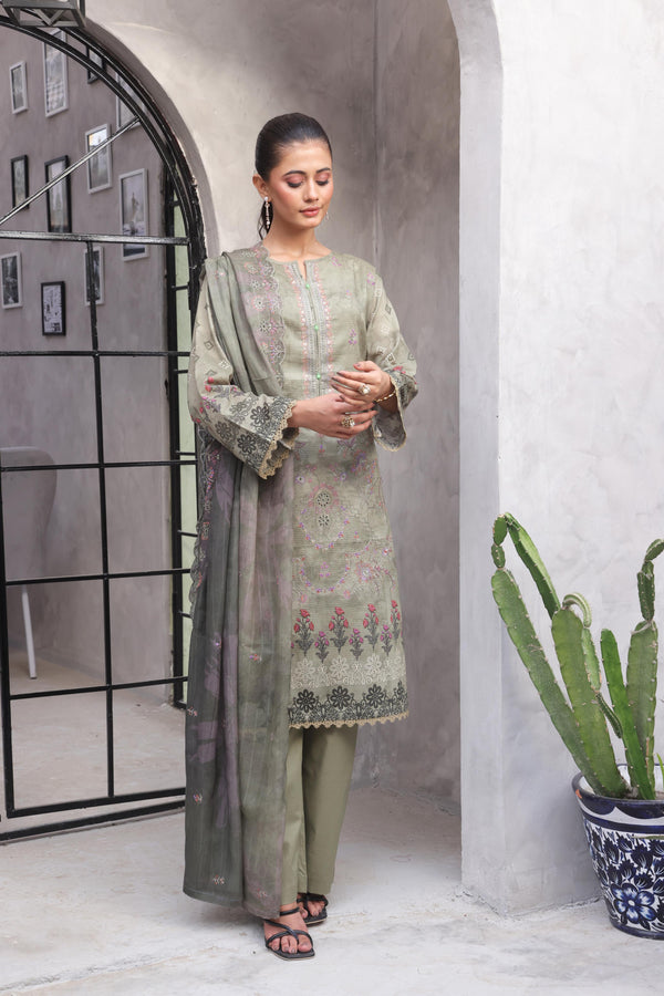 SALINA – Embroidered Sophistication Reimagined | Unstitched Chiken-Kari & Cutwork Bana Dora Lawn with Diamond Digital Dupatta & Dyed Cambric Trousers