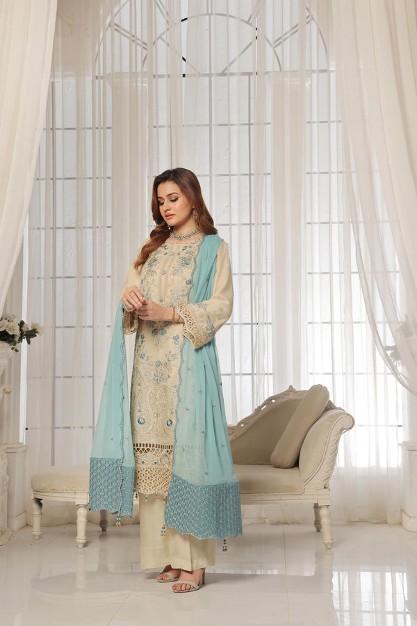 Lunching New 3-Piece Semi-Stitched Luxury Embroidered Chicken-kari With Boring Work Chiffon Collection