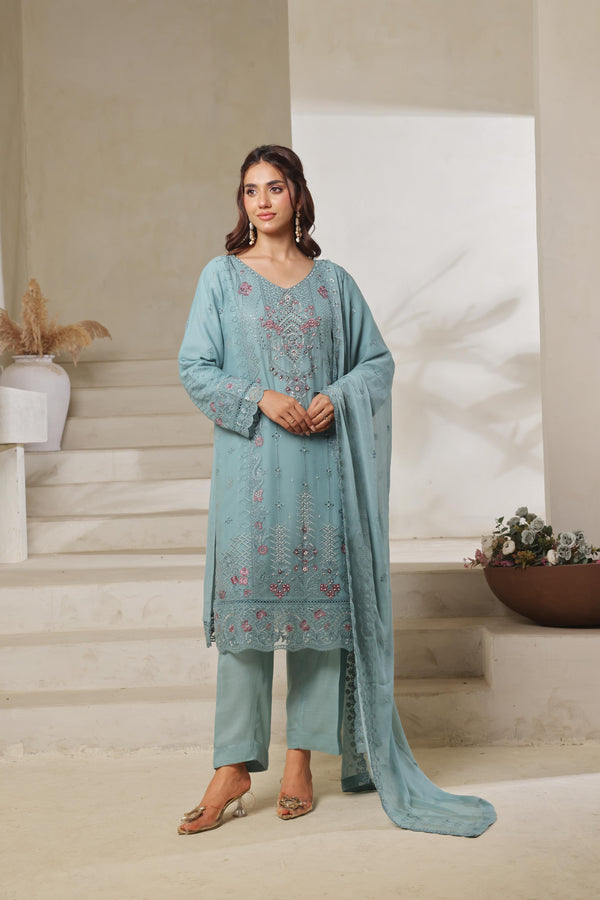 ZEVA – Festive Elegance Redefined | Stitched 3 Piece Hand-Embroidered Chiffon