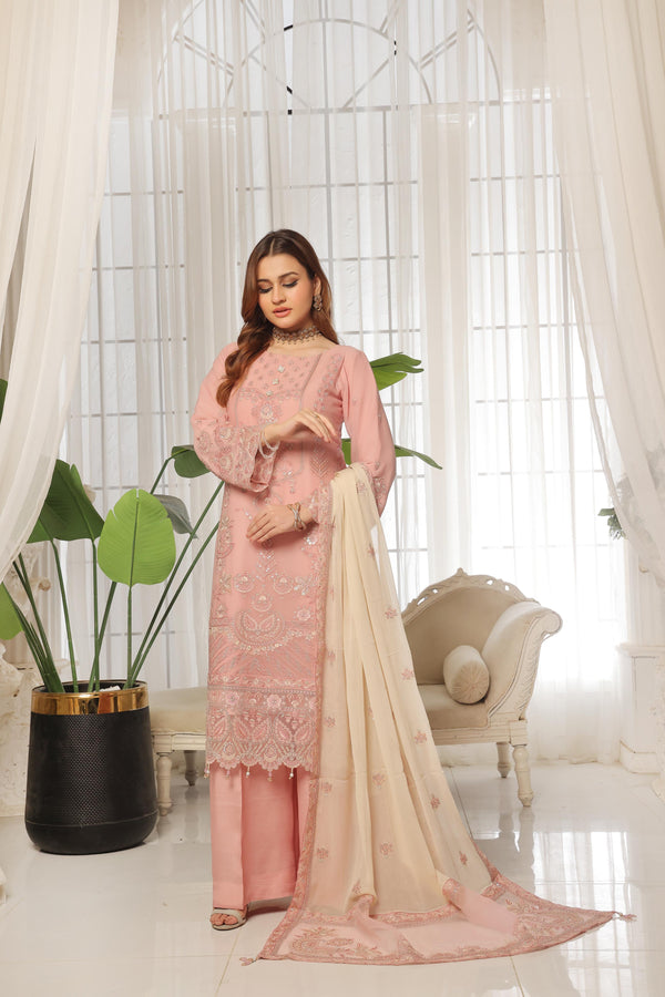 Lunching New 3-Piece Semi-Stitched Luxury Embroidered Chicken-kari With Boring Work Chiffon Collection