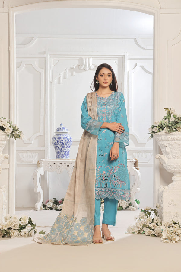 SAFFIRA – (Unstitched 3-Piece) Premium Embroidered Chicken-Kari Slub Lawn Collection