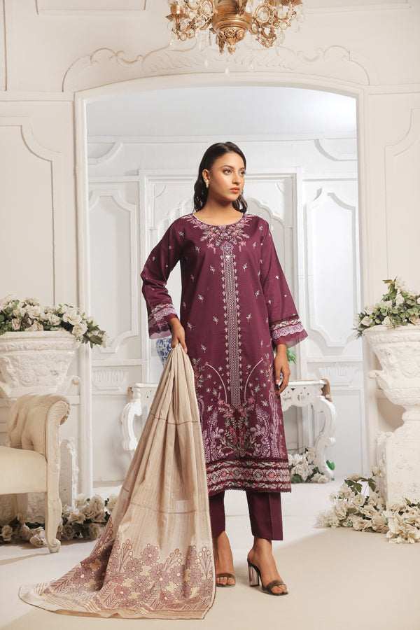 SAFFIRA – (Unstitched 3-Piece) Premium Embroidered Chicken-Kari Slub Lawn Collection