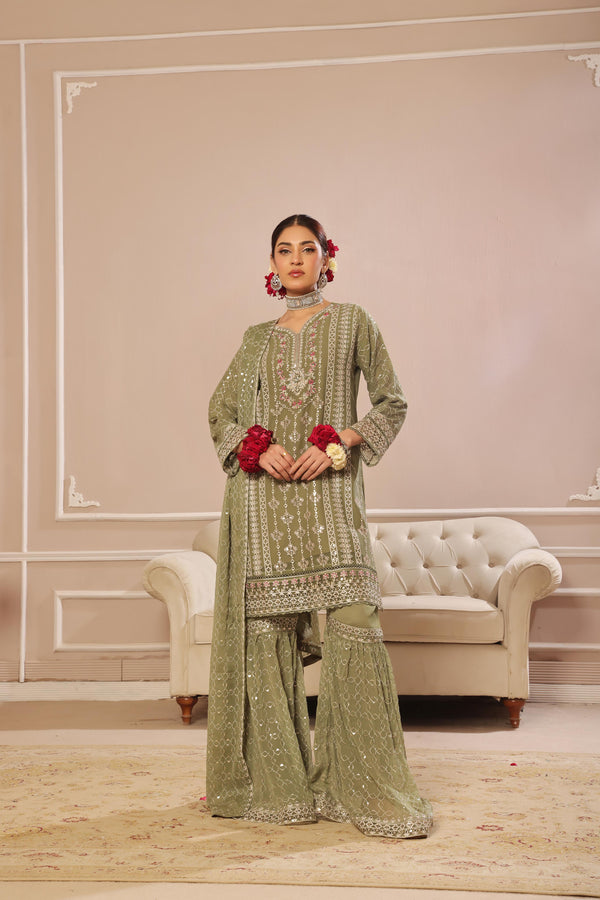 Launching New Stitched 3 Piece Embroidered Luxury Chiffon Gharara Collection