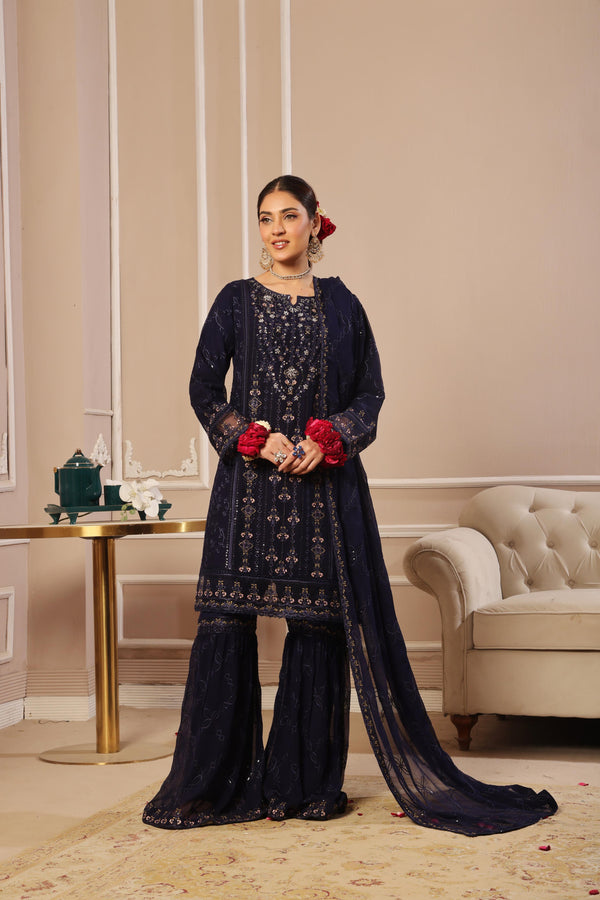 New Stitched 3 Piece Embroidered Luxury Chiffon Gharara Collection