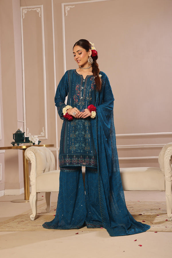 New Stitched 3 Piece Embroidered Luxury Chiffon Gharara Collection