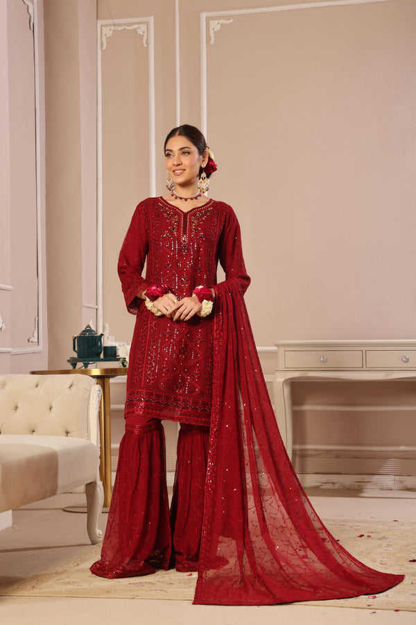 New Stitched 3 Piece Embroidered Luxury Chiffon Gharara Collection