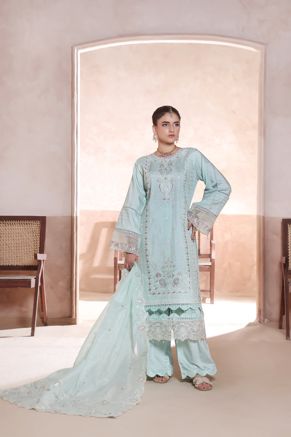 GULAL – Unstitched 3-Piece Premium Chiken-Kari Embroidered Bana Dora Viscose (Sea Green)