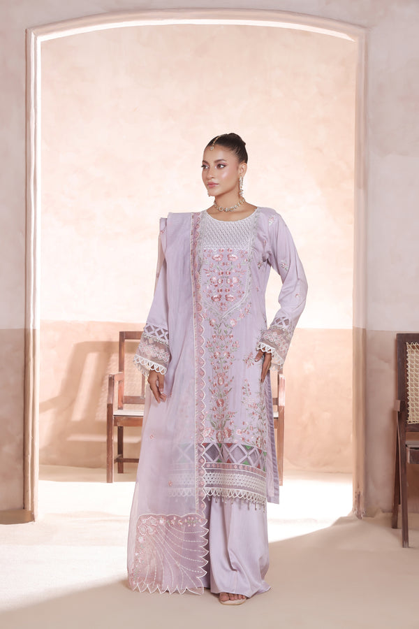 GULAL – Unstitched 3-Piece Premium Chiken-Kari Embroidered Bana Dora Viscose (Light Purple)