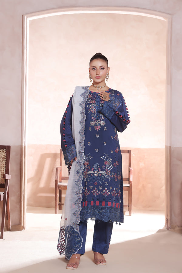 GULAL – Unstitched 3-Piece Premium Chiken-Kari Embroidered Bana Dora Viscose (Sapphire)