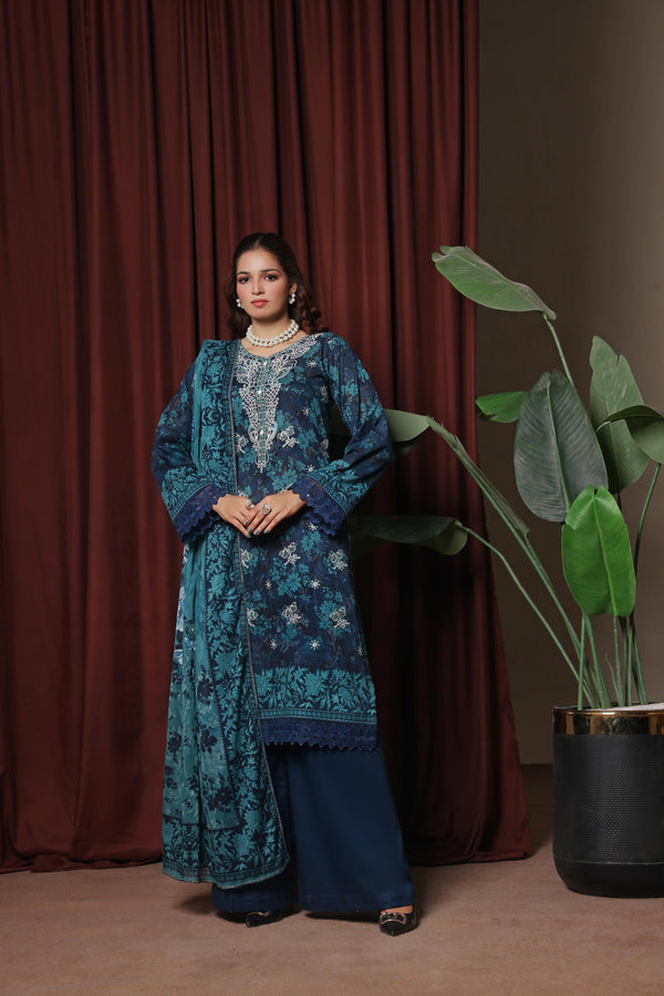 ZAHA - Unstitched 3-PCS Premium Luxury Chiken-Kari Embroidered Slub Digital Print Lawn Collection