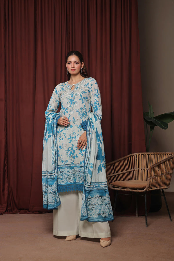 ZAHA - Unstitched 3-PCS Premium Luxury Chiken-Kari Embroidered Slub Digital Print Lawn Collection