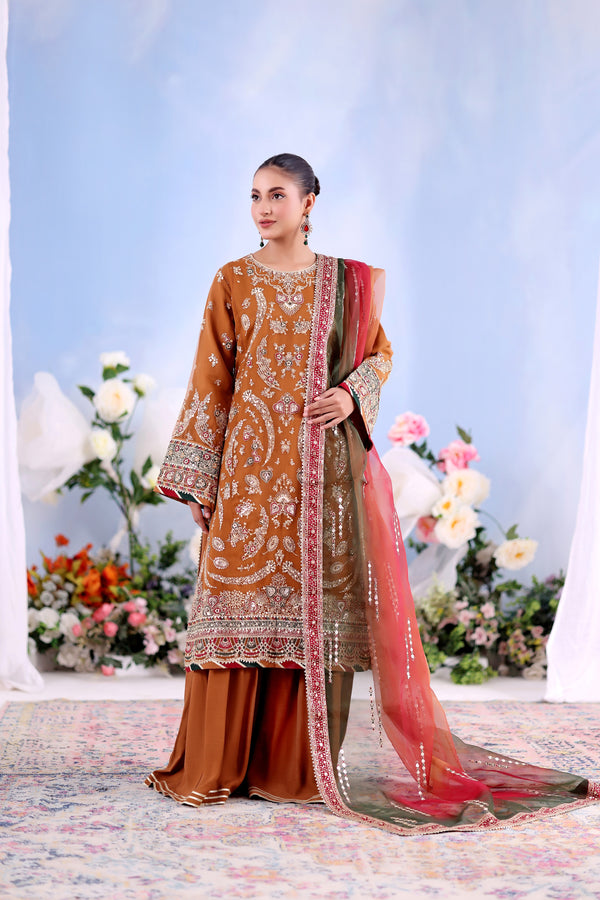 SHEHNAI – Unstitched Organza (Caramel Rust)