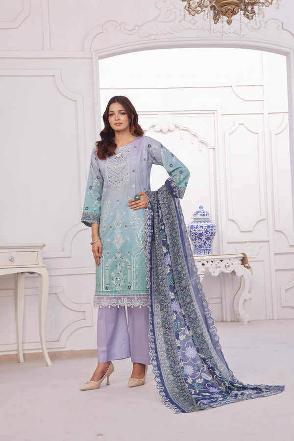 Launching New Un-Stitched  3 Pcs Premium Chiken-Kari & Cutwork Embroidered Digital Printed Lawn Collection
