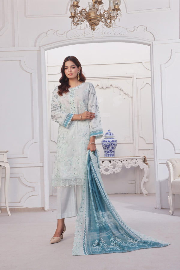 Launching New Un-Stitched  3 Pcs Premium Chiken-Kari & Cutwork Embroidered Digital Printed Lawn Collection