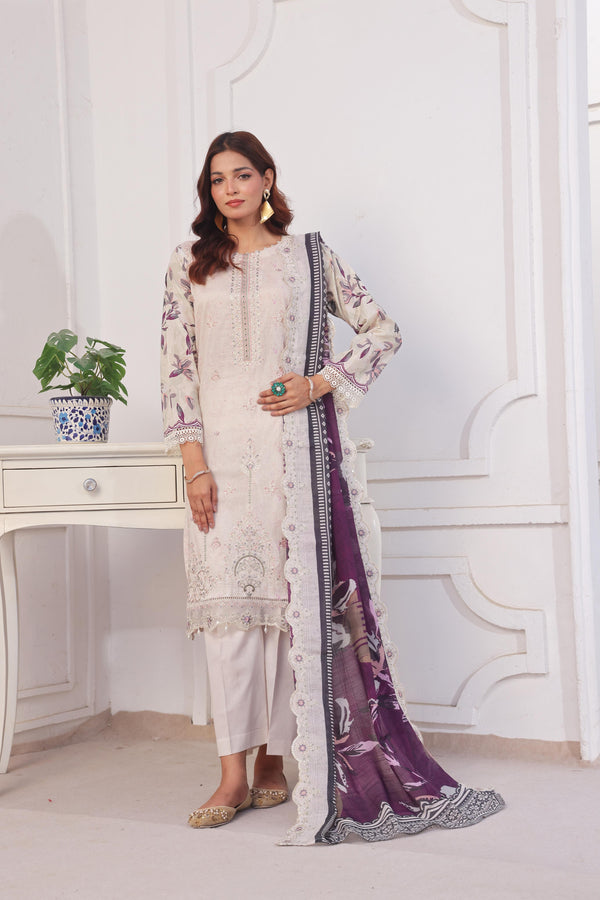 Launching New Un-Stitched  3 Pcs Premium Chiken-Kari & Cutwork Embroidered Digital Printed Lawn Collection