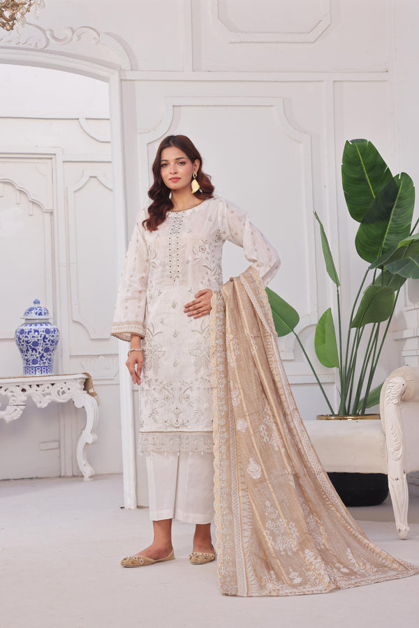 Launching New Un-Stitched  3 Pcs Premium Chiken-Kari & Cutwork Embroidered Digital Printed Lawn Collection