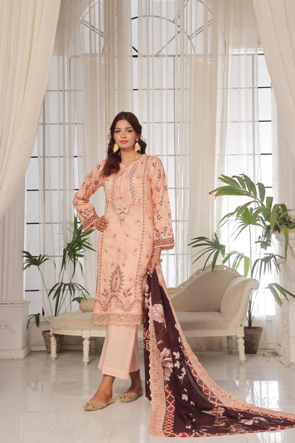 Launching New Un-Stitched  3 Pcs Premium Chiken-Kari & Cutwork Embroidered Digital Printed Lawn Collection