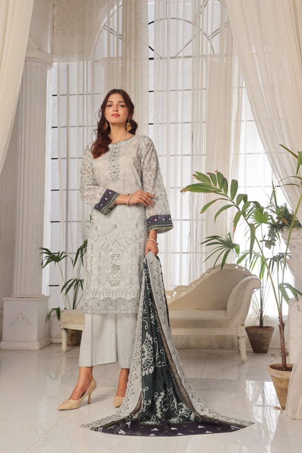 Launching New Un-Stitched  3 Pcs Premium Chiken-Kari & Cutwork Embroidered Digital Printed Lawn Collection